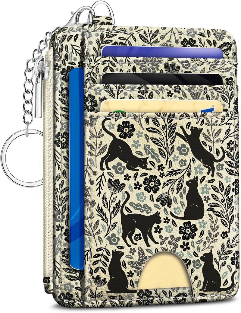 Kelvoris Black Cat Credit Card Holder Slim Wallet Women, Cute Flowers Small RFID Blocking Wallet Woman Keychain with Zipper Coin Pocket, Front Pocket Thin Travel Ladies Card Case with ID Window - Image 1